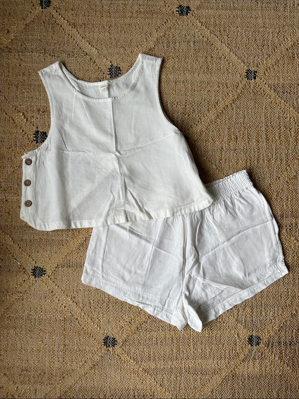 White Linen-Look Two-Piece Tank & Shorts Set